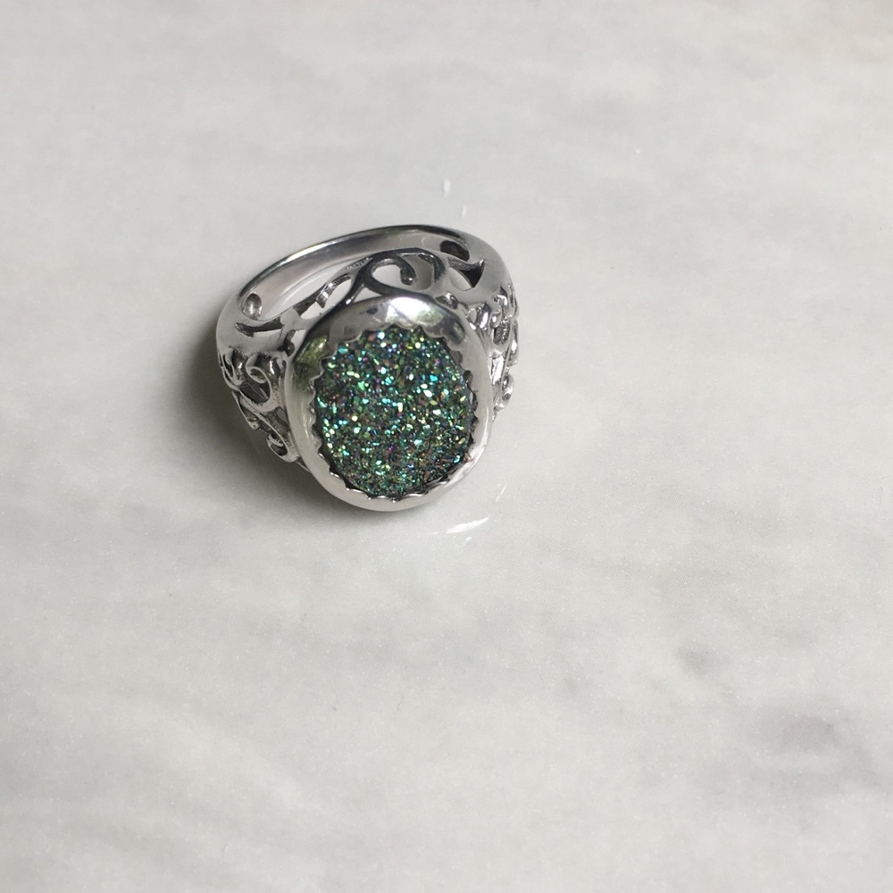 Sterling silver blue green sparkly druzy ring